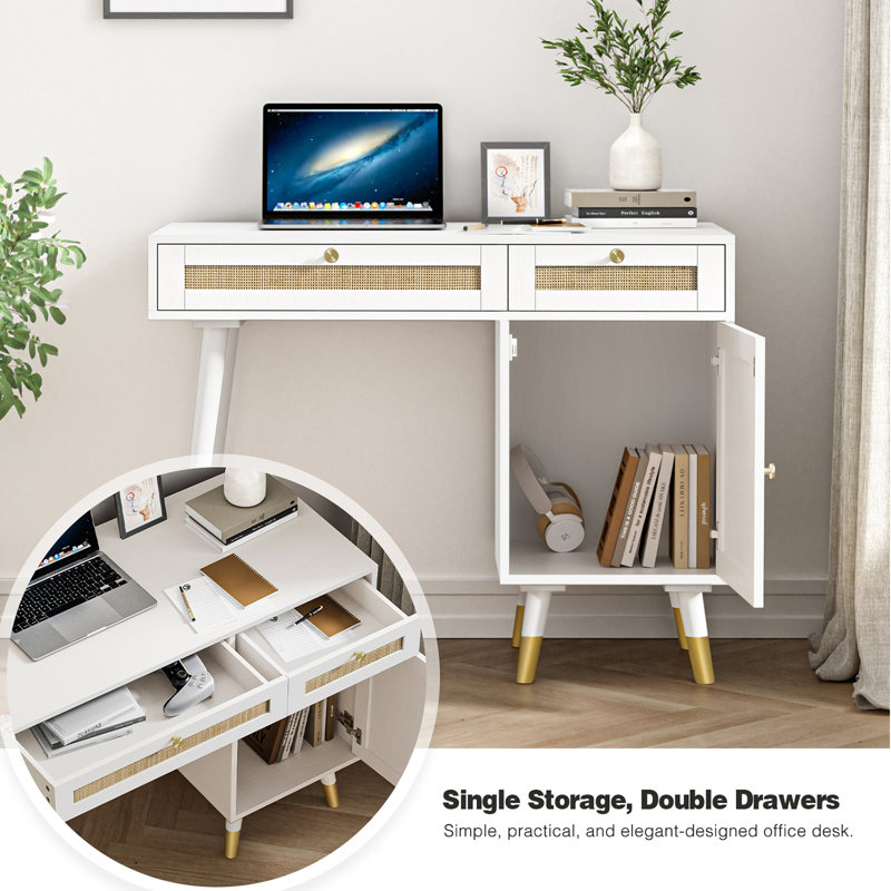 Pifer 39.4 White Rattan Writing Desk With Drawer Cabinet Laptop Computer Work Study Table